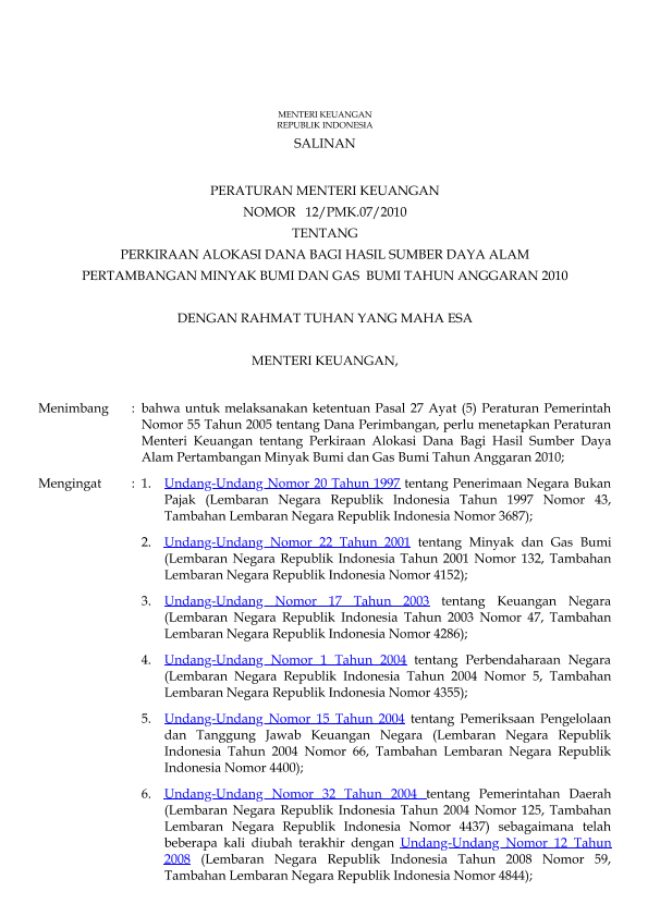 Peraturan Menteri Keuangan Nomor 12/PMK.07/2010