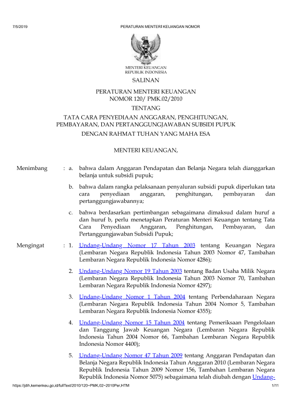 Peraturan Menteri Keuangan Nomor 120/PMK.02/2010