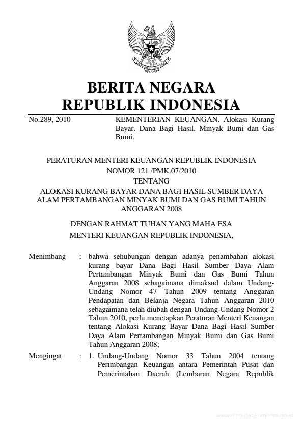 Peraturan Menteri Keuangan Nomor 121/PMK.07/2010