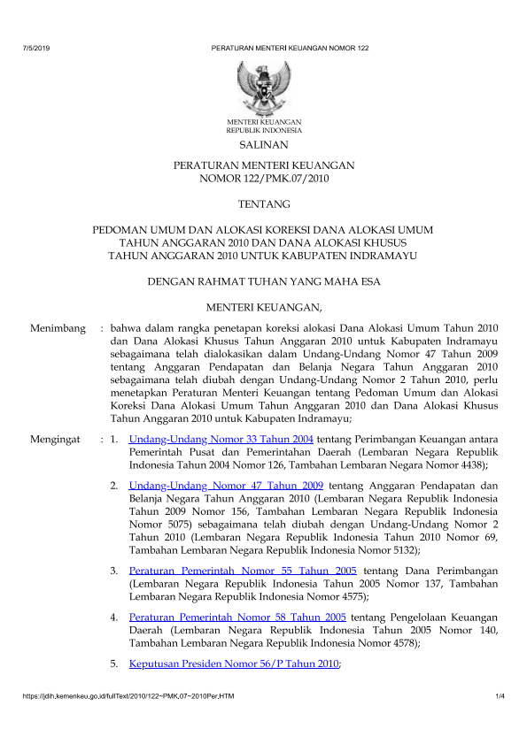 Peraturan Menteri Keuangan Nomor 122/PMK.07/2010