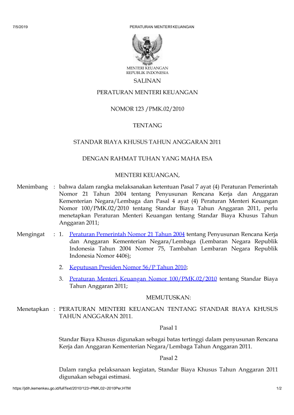 Peraturan Menteri Keuangan Nomor 123/PMK.02/2010