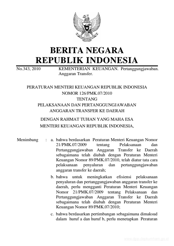 Peraturan Menteri Keuangan Nomor 126/PMK.07/2010