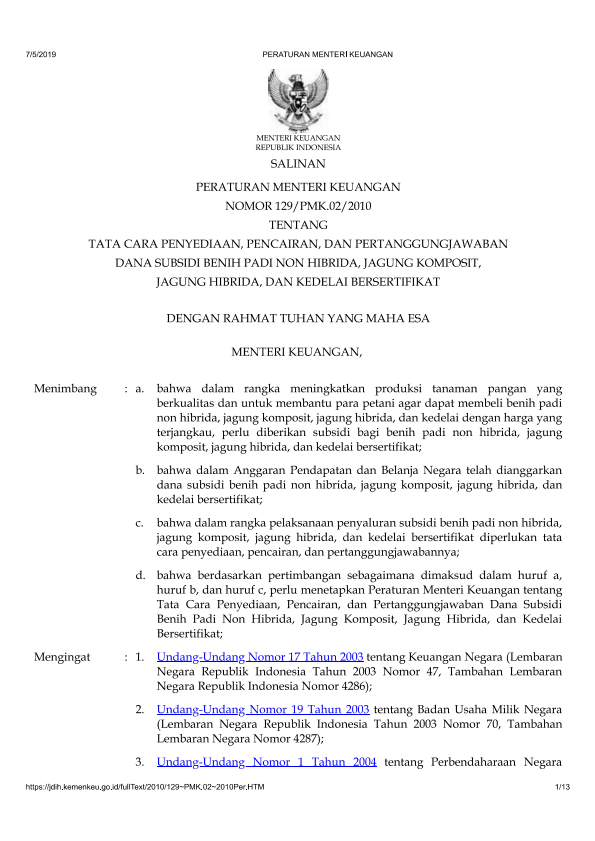 Peraturan Menteri Keuangan Nomor 129/PMK.02/2010