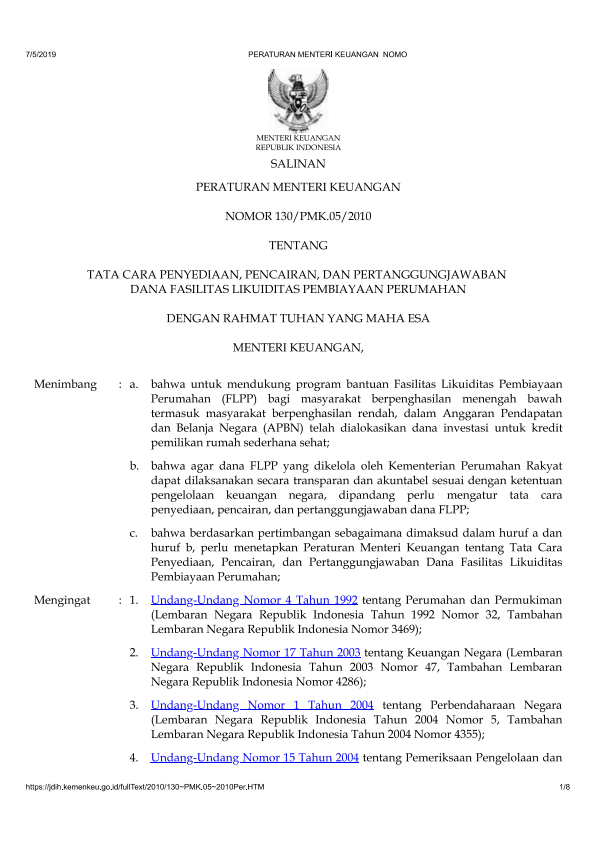 Peraturan Menteri Keuangan Nomor 130/PMK.05/2010