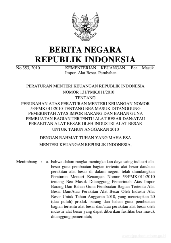 Peraturan Menteri Keuangan Nomor 131/PMK.011/2010