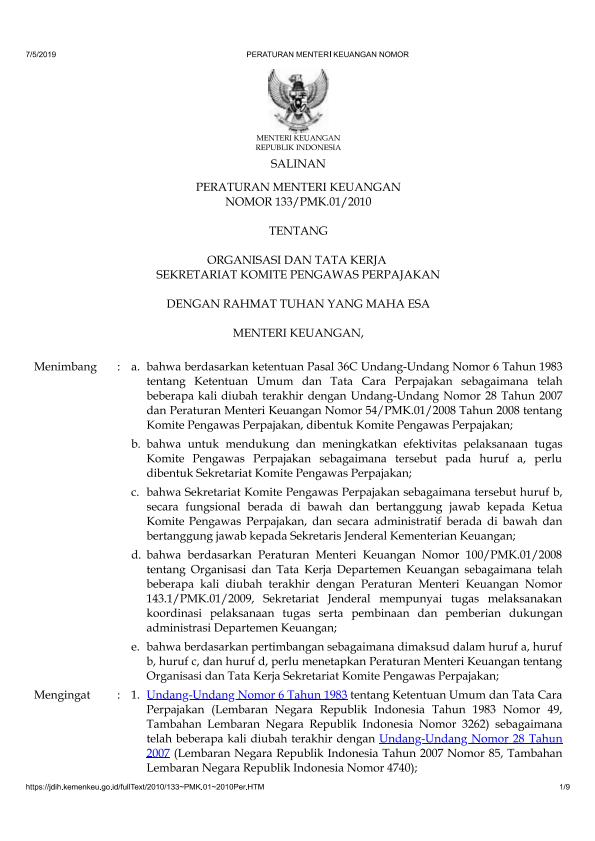 Peraturan Menteri Keuangan Nomor 133/PMK.01/2010