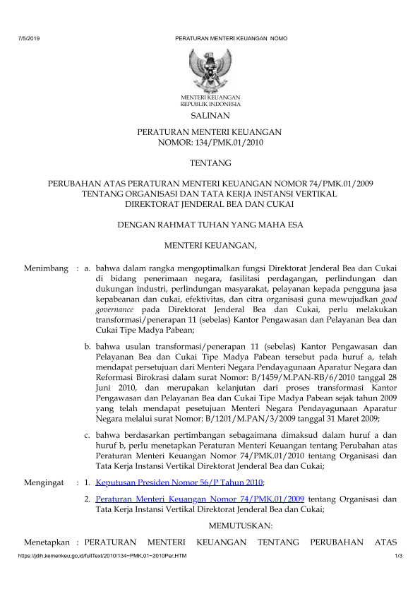 Peraturan Menteri Keuangan Nomor 134/PMK.01/2010
