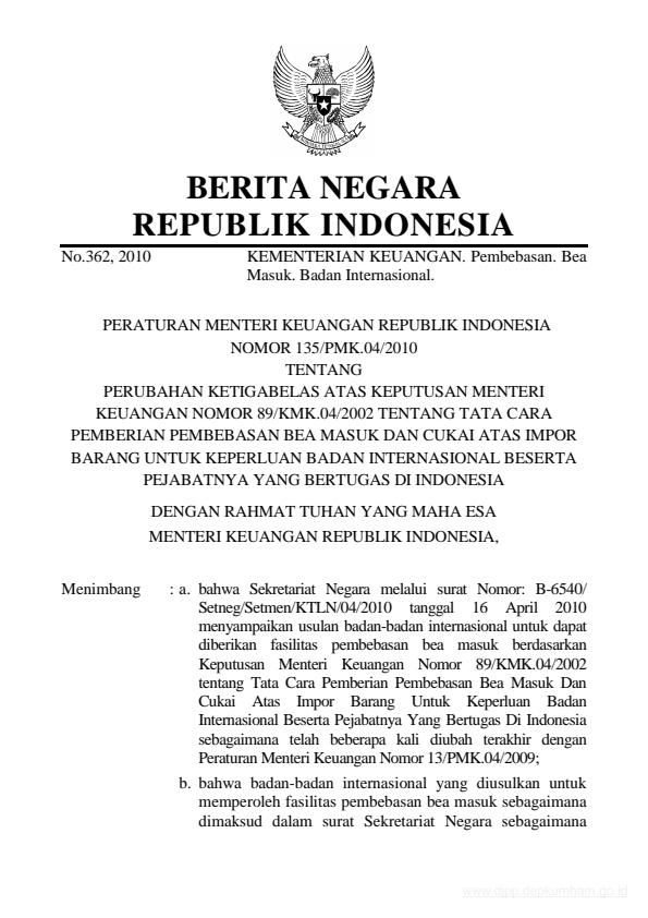 Peraturan Menteri Keuangan Nomor 135/PMK.04/2010