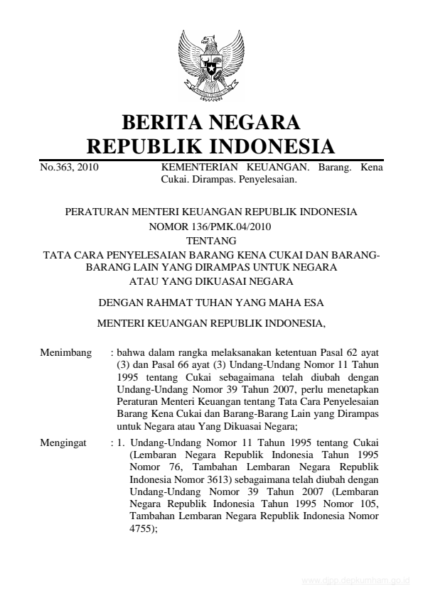 Peraturan Menteri Keuangan Nomor 136/PMK.04/2010