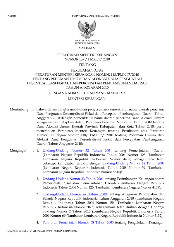 Peraturan Menteri Keuangan Nomor 137/PMK.07/2010