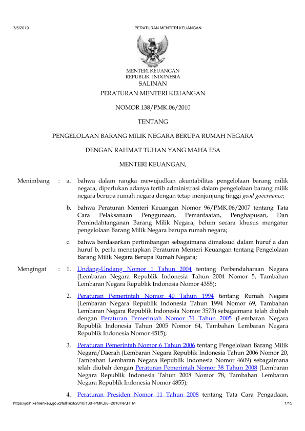 Peraturan Menteri Keuangan Nomor 138/PMK.06/2010