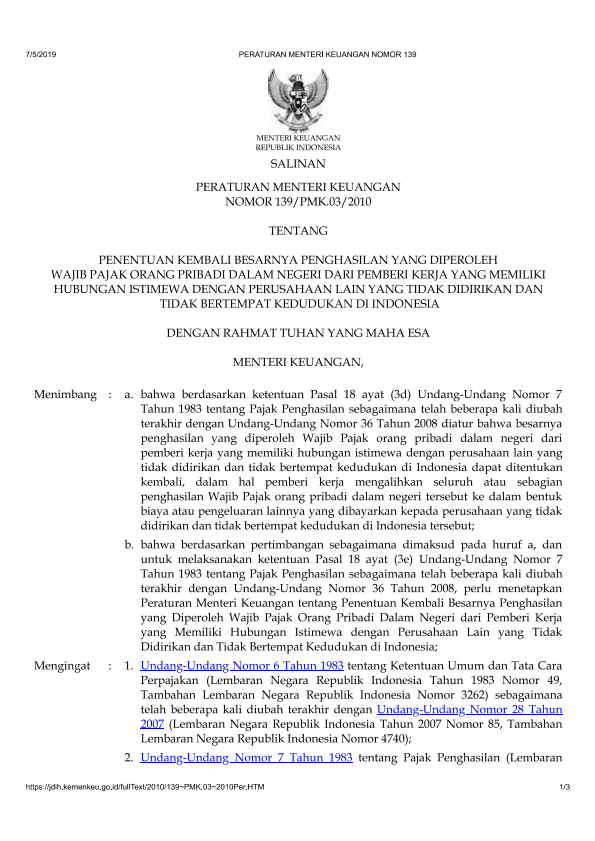 Peraturan Menteri Keuangan Nomor 139/PMK.03/2010