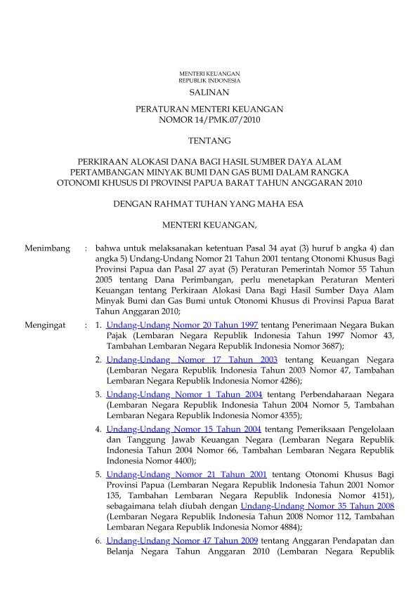 Peraturan Menteri Keuangan Nomor 14/PMK.07/2010