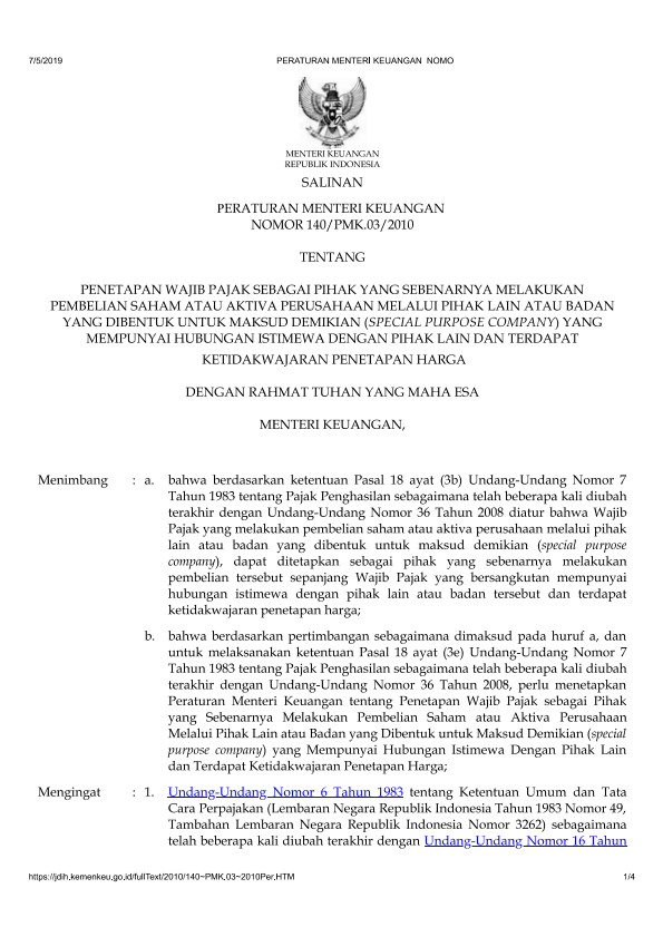 Peraturan Menteri Keuangan Nomor 140/PMK.03/2010