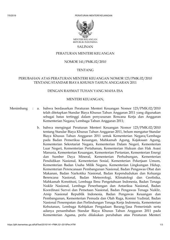 Peraturan Menteri Keuangan Nomor 141/PMK.02/2010