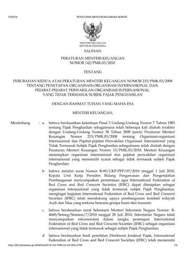 Peraturan Menteri Keuangan Nomor 142/PMK.03/2010