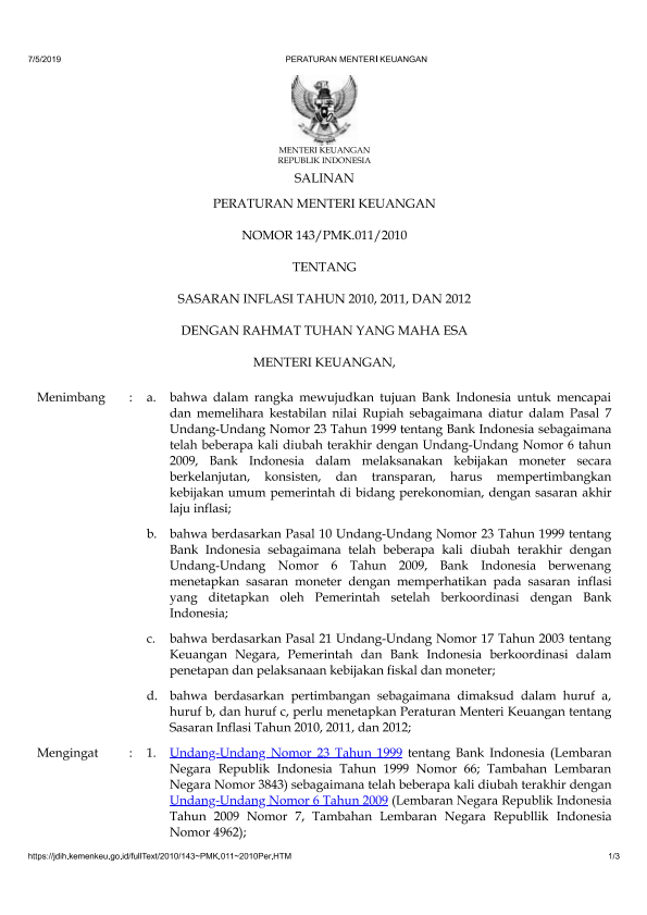 Peraturan Menteri Keuangan Nomor 143/PMK.011/2010