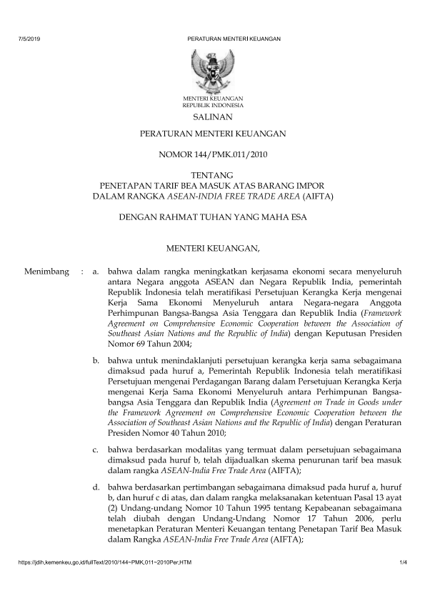 Peraturan Menteri Keuangan Nomor 144/PMK.011/2010