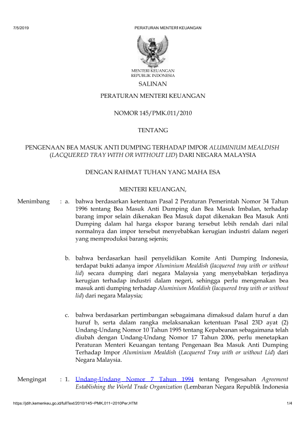 Peraturan Menteri Keuangan Nomor 145/PMK.011/2010