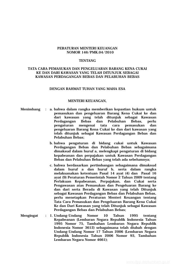 Peraturan Menteri Keuangan Nomor 146/PMK.04/2010