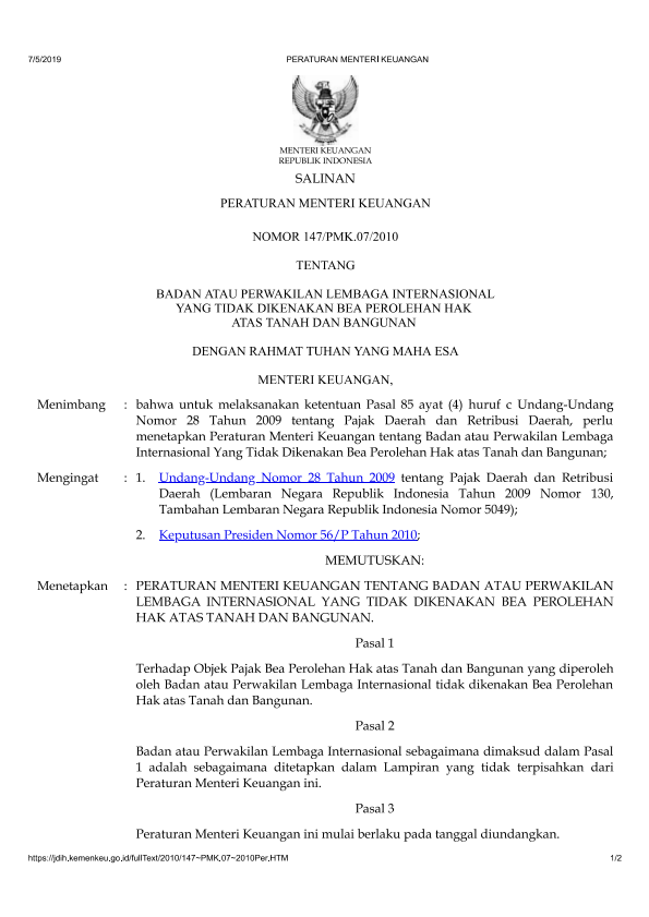 Peraturan Menteri Keuangan Nomor 147/PMK.07/2010