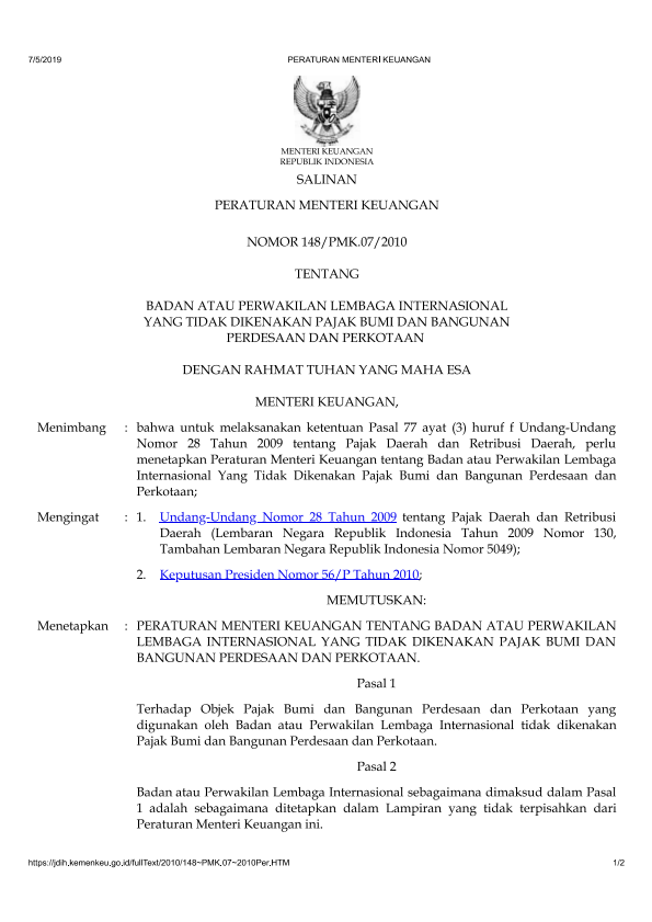 Peraturan Menteri Keuangan Nomor 148/PMK.07/2010