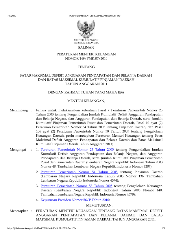 Peraturan Menteri Keuangan Nomor 149/PMK.07/2010