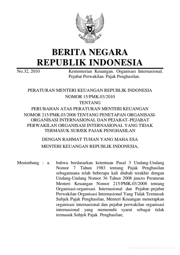 Peraturan Menteri Keuangan Nomor 15/PMK.03/2010