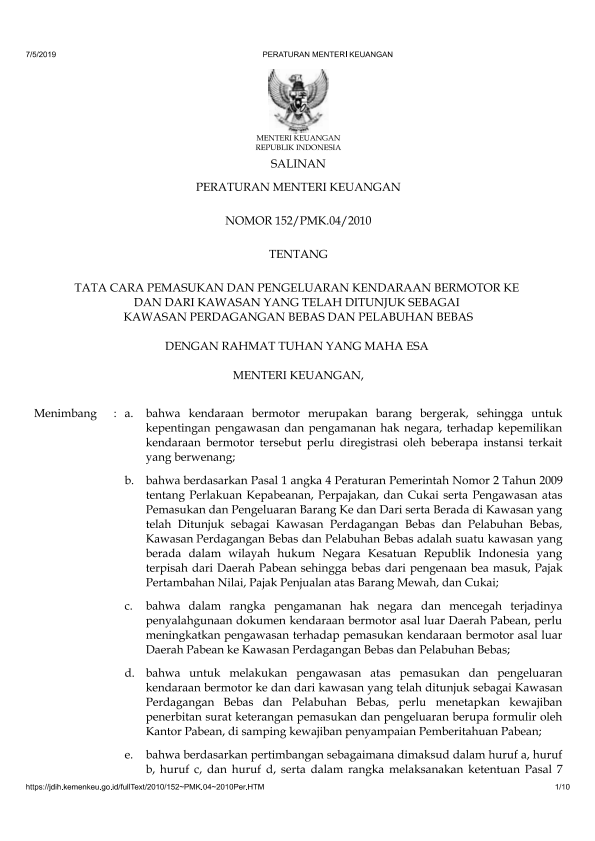 Peraturan Menteri Keuangan Nomor 152/PMK.04/2010