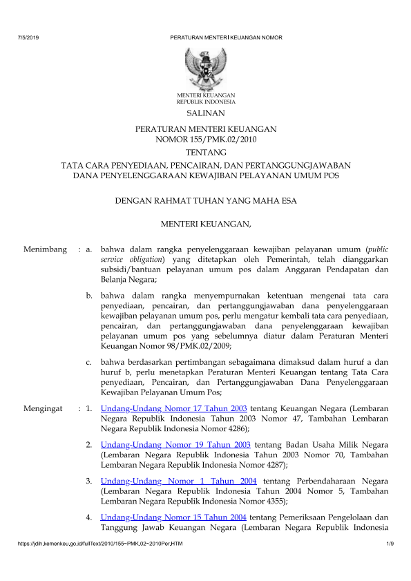 Peraturan Menteri Keuangan Nomor 155/PMK.02/2010