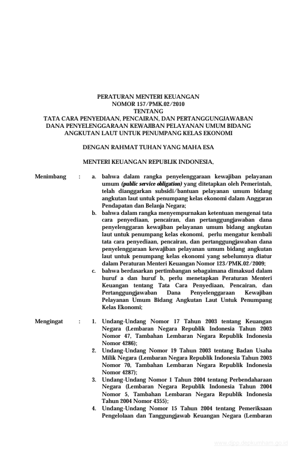 Peraturan Menteri Keuangan Nomor 157/PMK.02/2010