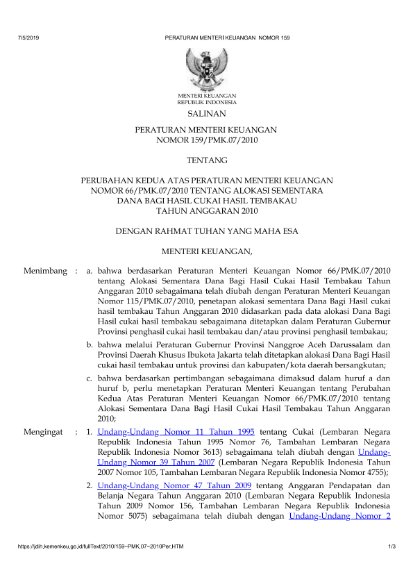 Peraturan Menteri Keuangan Nomor 159/PMK.07/2010