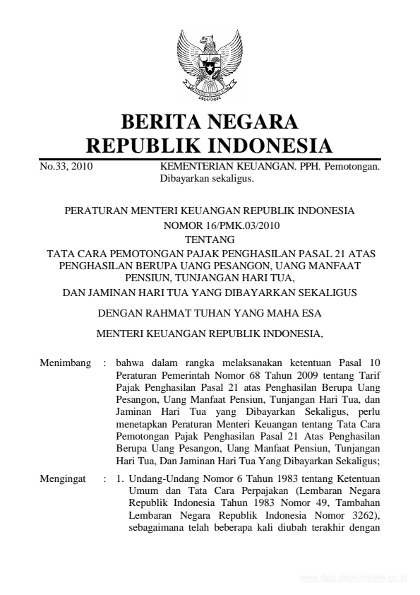 Peraturan Menteri Keuangan Nomor 16/PMK.03/2010