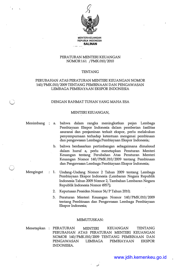 Peraturan Menteri Keuangan Nomor 161/PMK.010/2010