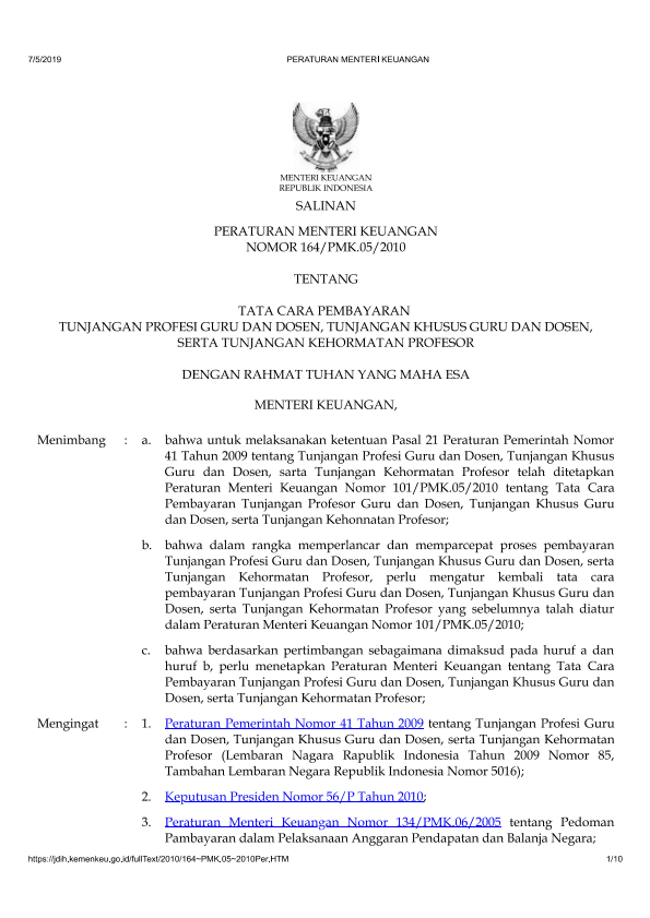 Peraturan Menteri Keuangan Nomor 164/PMK.05/2010