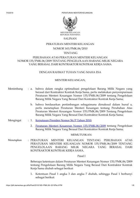 Peraturan Menteri Keuangan Nomor 165/PMK.06/2010