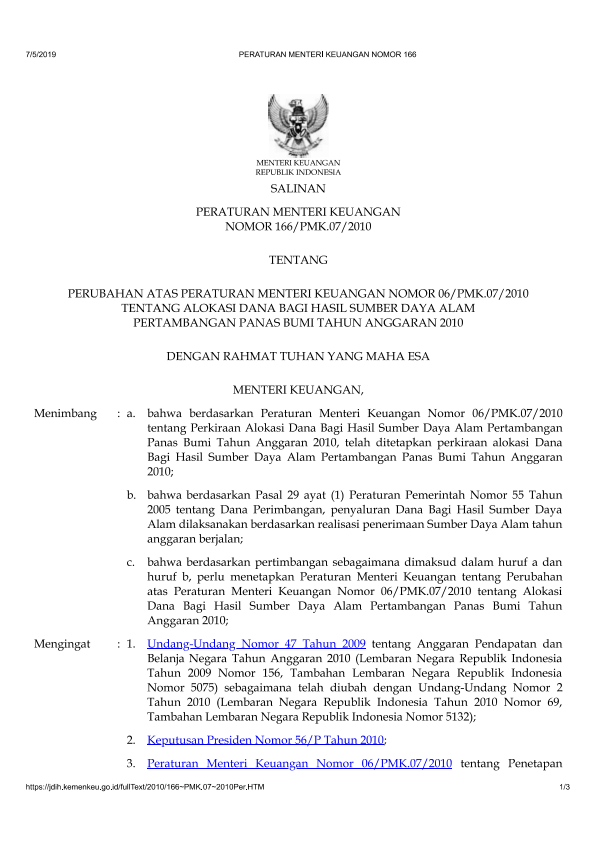 Peraturan Menteri Keuangan Nomor 166/PMK.07/2010