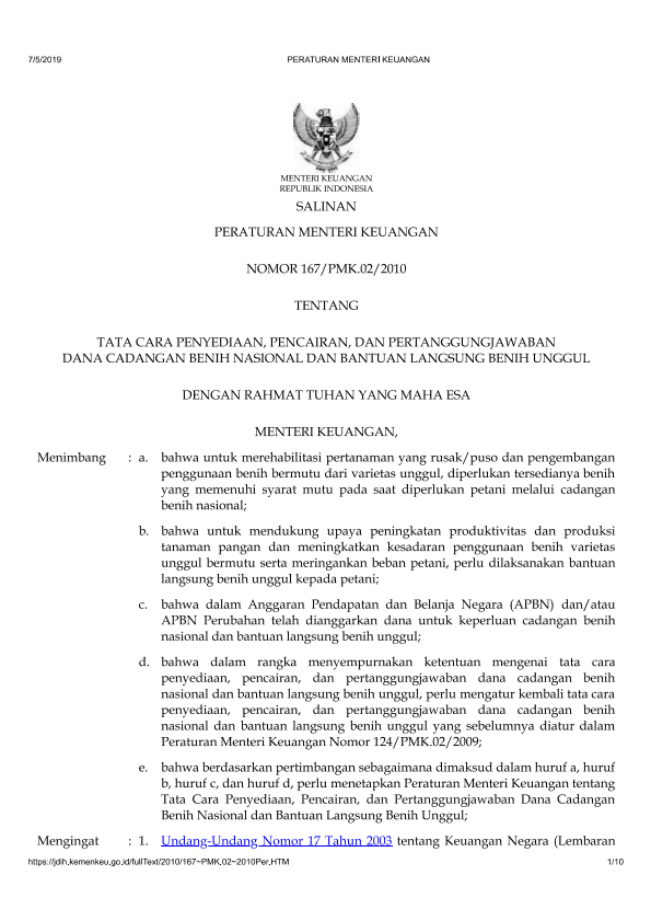 Peraturan Menteri Keuangan Nomor 167/PMK.02/2010