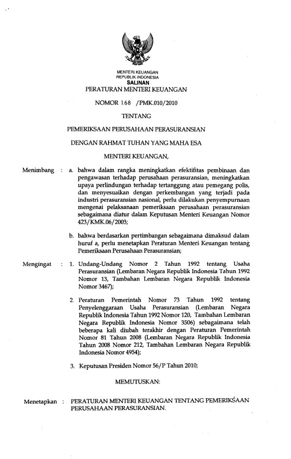 Peraturan Menteri Keuangan Nomor 168/PMK.010/2010