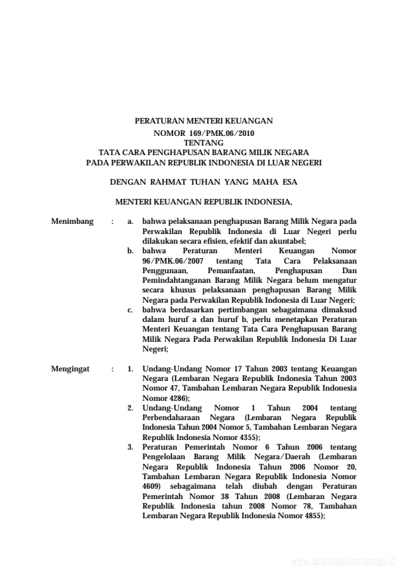 Peraturan Menteri Keuangan Nomor 169/PMK.06/2010
