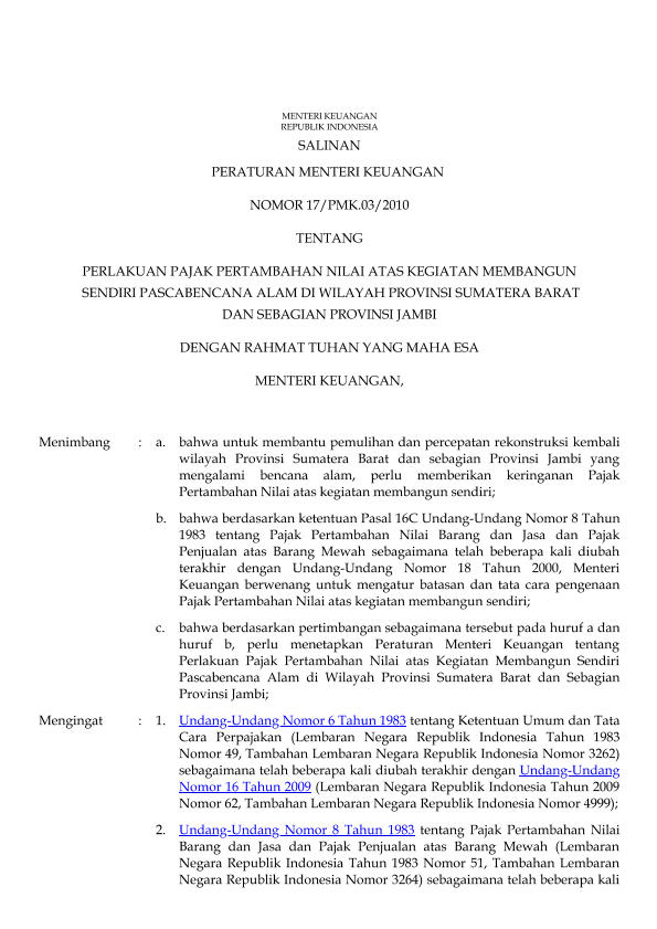 Peraturan Menteri Keuangan Nomor 17/PMK.03/2010