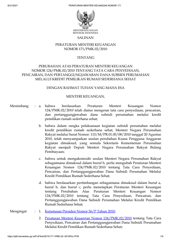 Peraturan Menteri Keuangan Nomor 171/PMK.02/2010