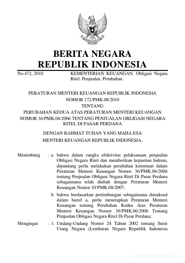 Peraturan Menteri Keuangan Nomor 172/PMK.08/2010