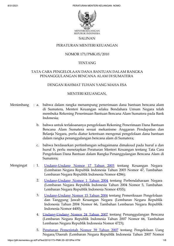 Peraturan Menteri Keuangan Nomor 173/PMK.05/2010