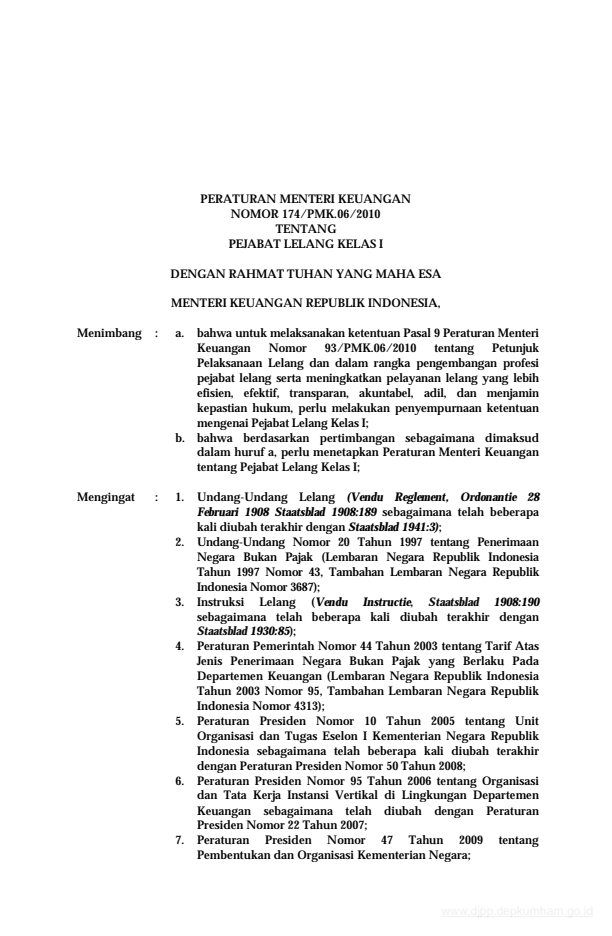 Peraturan Menteri Keuangan Nomor 174/PMK.06/2010