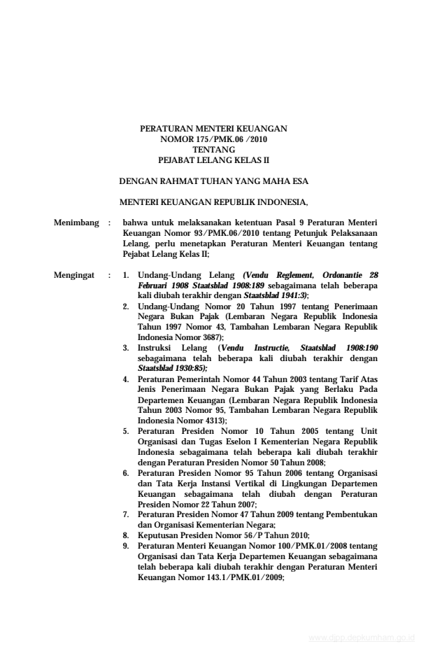 Peraturan Menteri Keuangan Nomor 175/PMK.06/2010