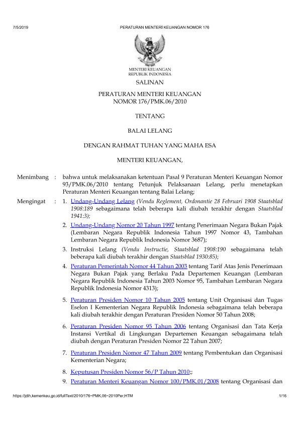 Peraturan Menteri Keuangan Nomor 176/PMK.06/2010