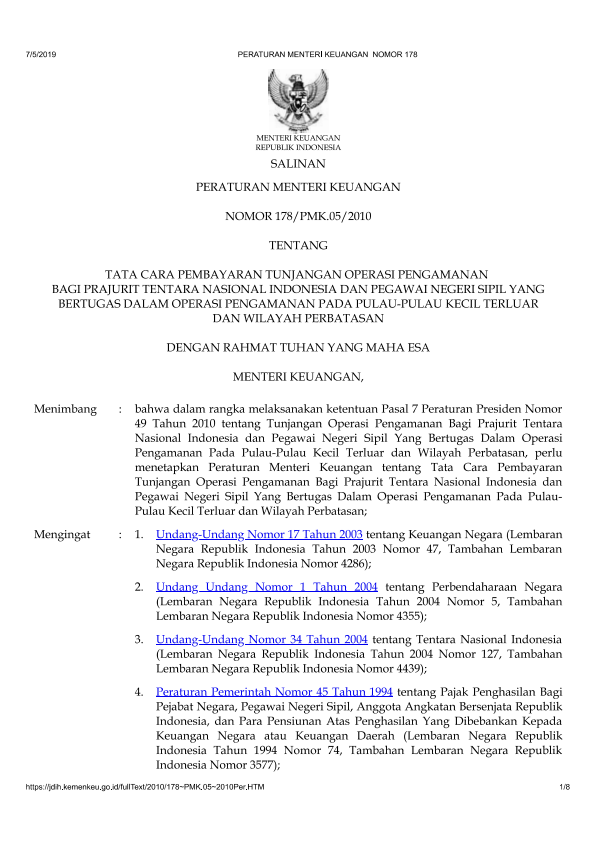 Peraturan Menteri Keuangan Nomor 178/PMK.05/2010