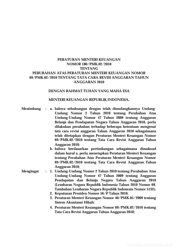 Peraturan Menteri Keuangan Nomor 180/PMK.02/2010