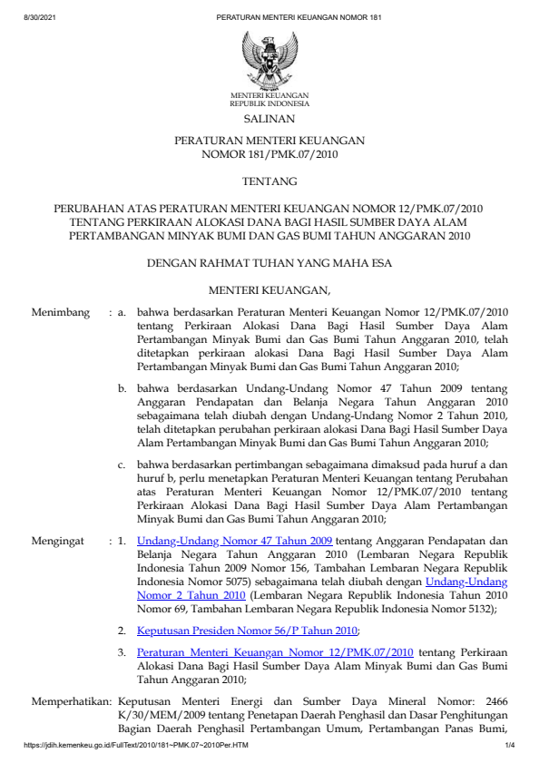 Peraturan Menteri Keuangan Nomor 181/PMK.07/2010